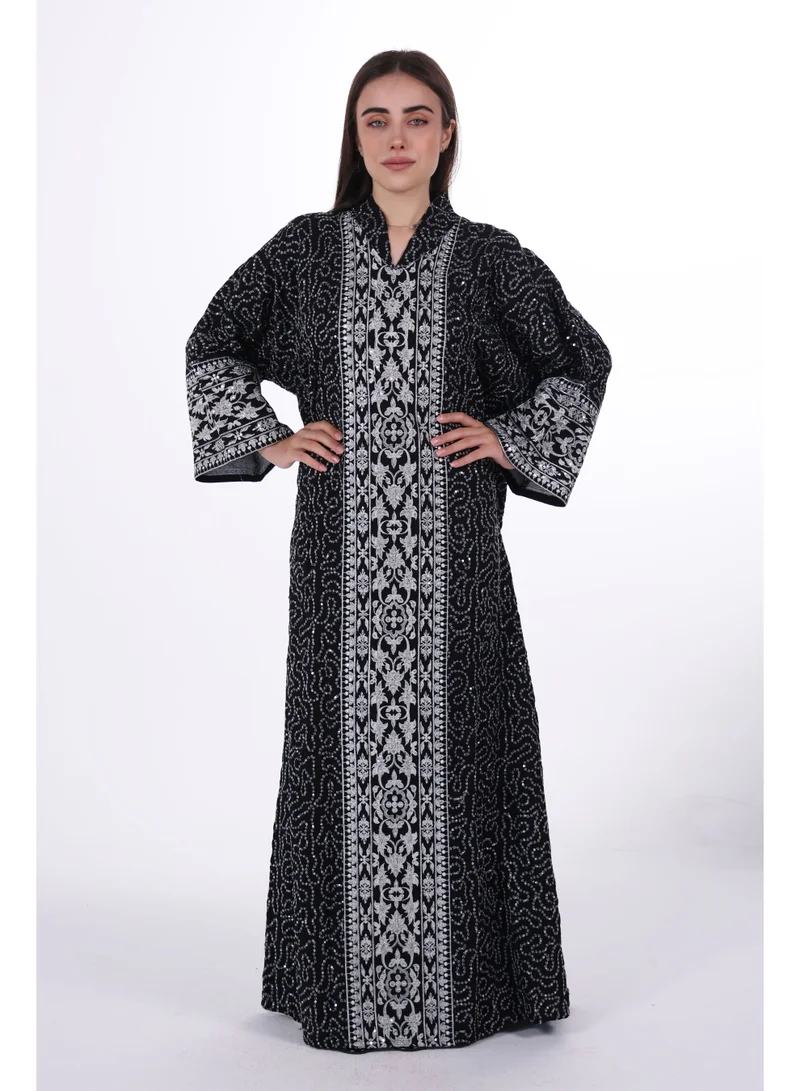 AL BENT AL SHARQIEH Embroidered Linen Jalabiya dress with unvisible belt